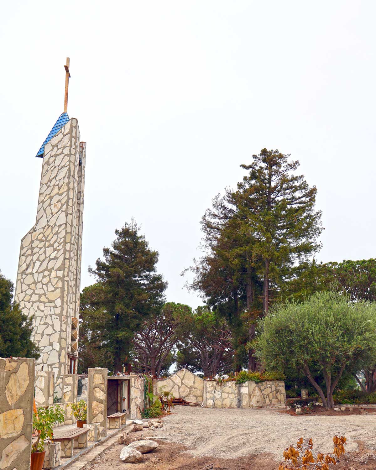 Wayfarers Chapel bell tower with chapel disassembled in background