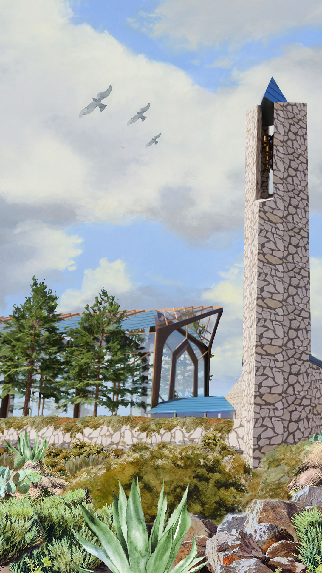 Artistic rendering of the National Historic Landmark chapel rebuilt on the new Battery Barnes site, on the Alta Vicente hilltop above Point Vicente Lighthouse and the Golden Cove shopping center.
