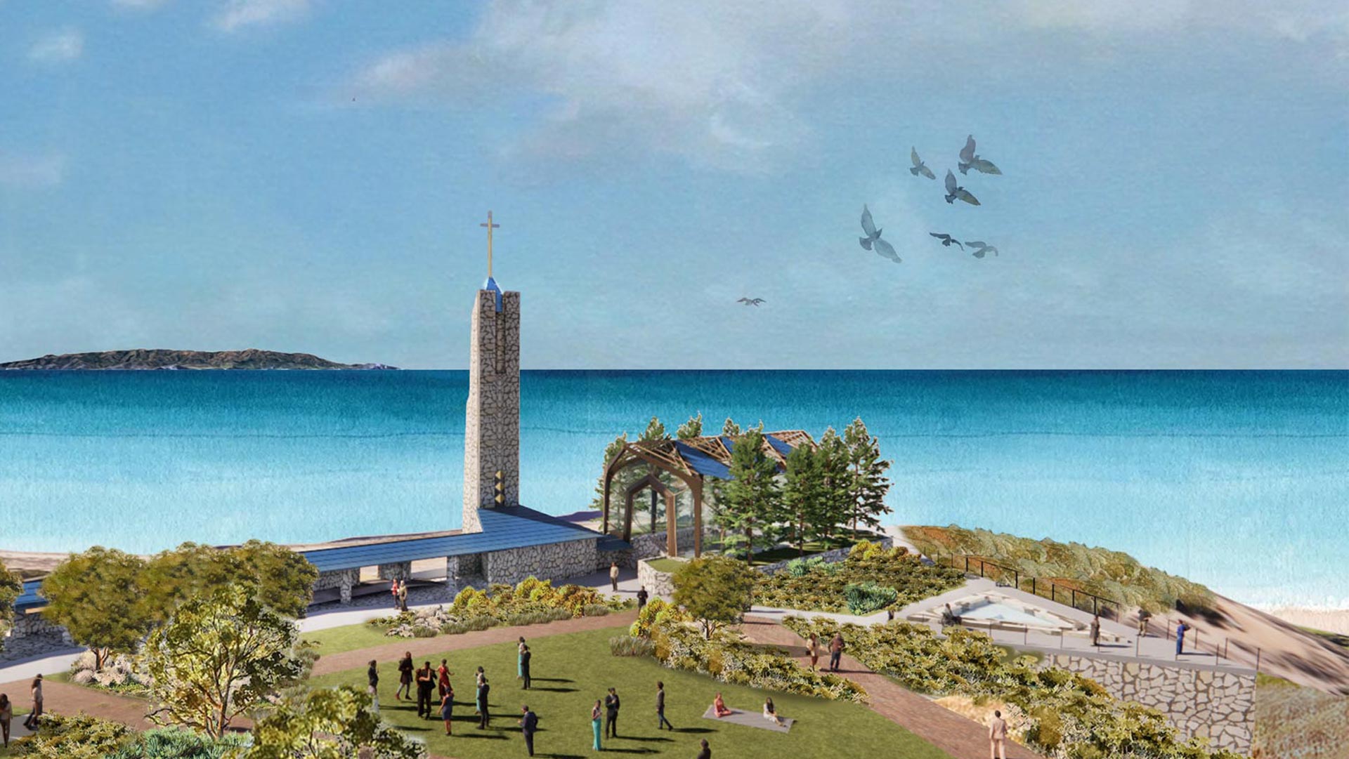 Artistic rendering of the National Historic Landmark chapel rebuilt on the new Battery Barnes site, on the Alta Vicente hilltop above Point Vicente Lighthouse and the Golden Cove shopping center.