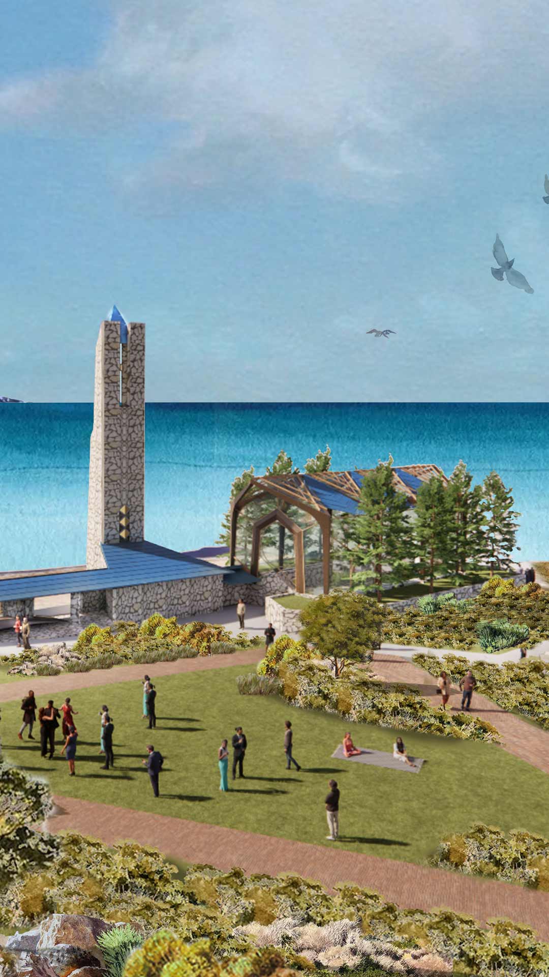 vertical rendering - Artistic rendering of the National Historic Landmark chapel rebuilt on the new Battery Barnes site, on the Alta Vicente hilltop above Point Vicente Lighthouse and the Golden Cove shopping center.