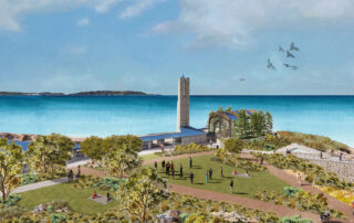 Artistic rendering of the National Historic Landmark chapel rebuilt on the new Battery Barnes site, on the Alta Vicente hilltop above Point Vicente Lighthouse and the Golden Cove shopping center.